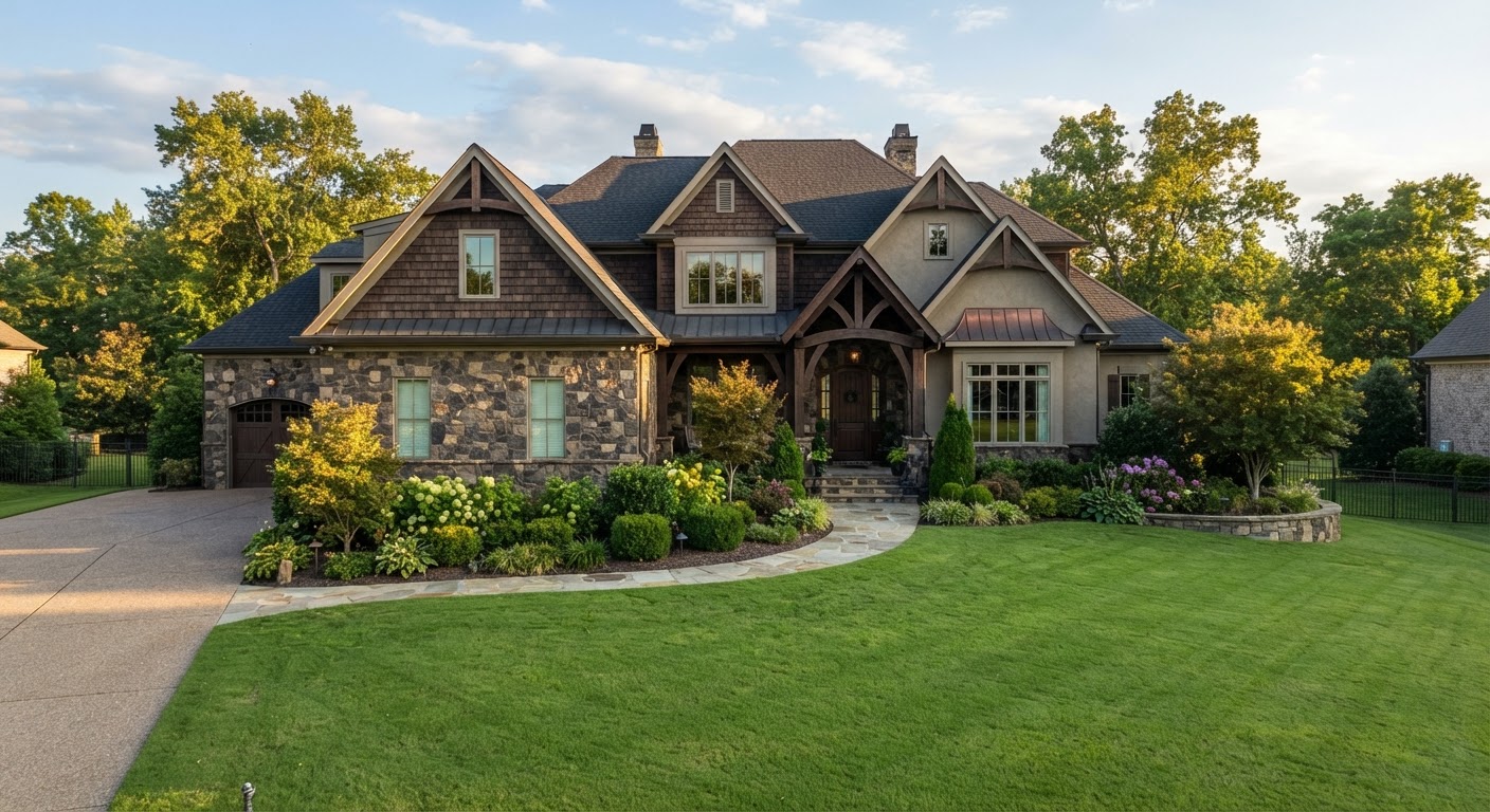 Well-kept Brentwood single-family home exterior with lush landscaped lawn and clean stone driveway