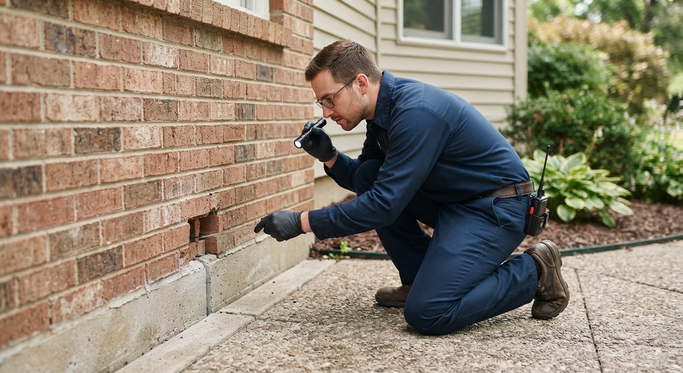 Technician inspecting a brick home exterior foundation for residential insect activity