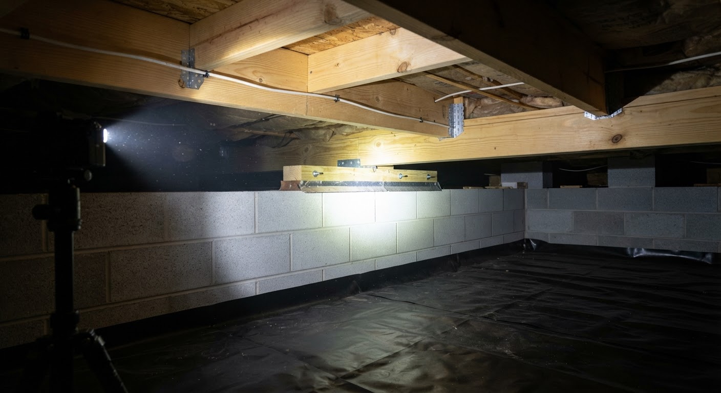 Close-up inspection of home crawlspace and wooden foundation sill plate for termite activity