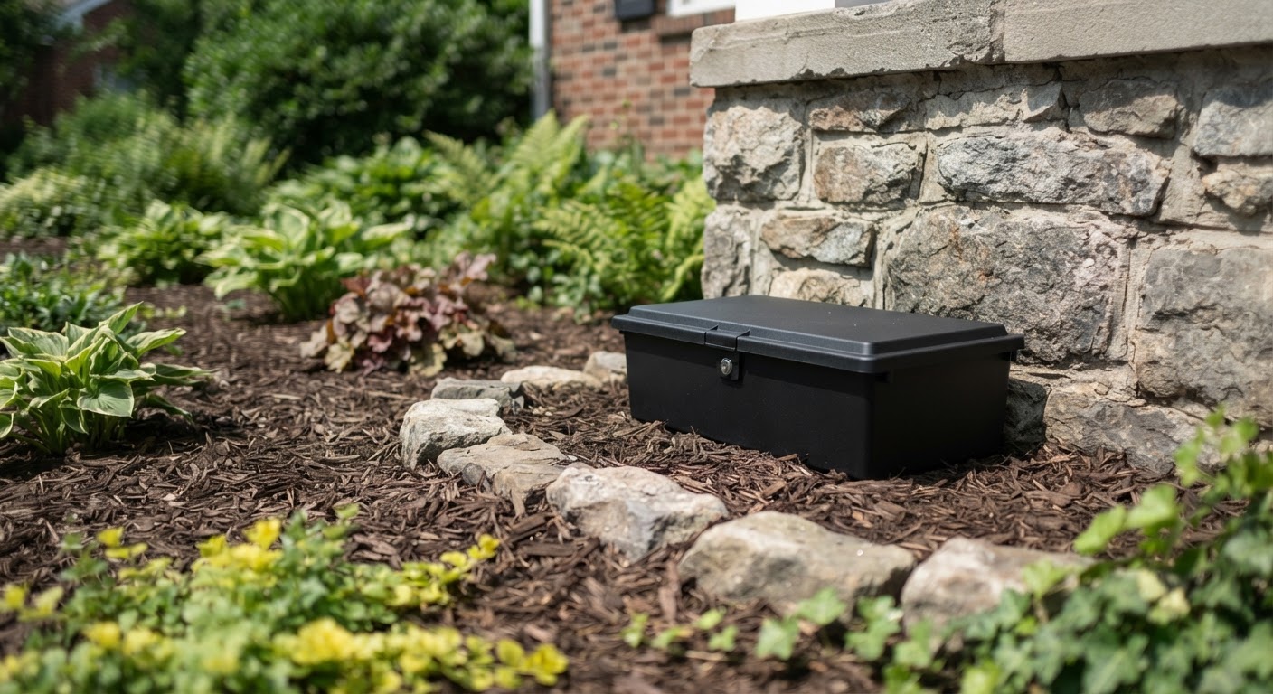 Tamper-resistant rodent bait station positioned discreetly along a residential foundation wall
