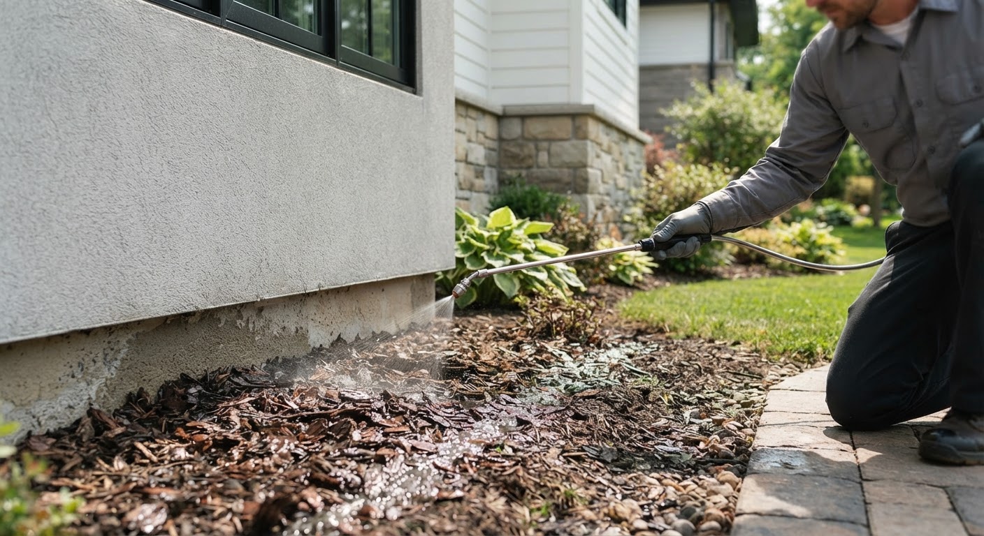 Exterior perimeter spray application along residential mulch beds and foundation