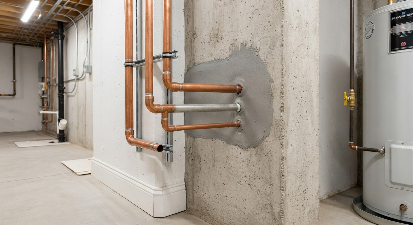 Tidy home utility room showing clean plumbing penetrations and sealed pipe entryways