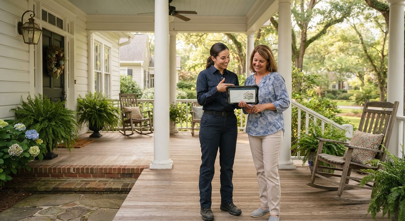 Technician discussing pest inspection findings with Brentwood homeowner on front porch