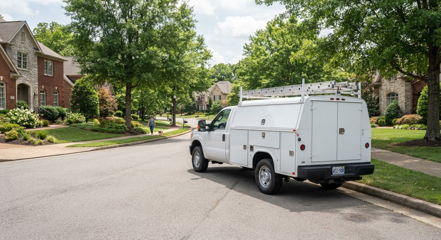 Clean service pickup truck parked on quiet residential Brentwood street with tree-lined sidewalk